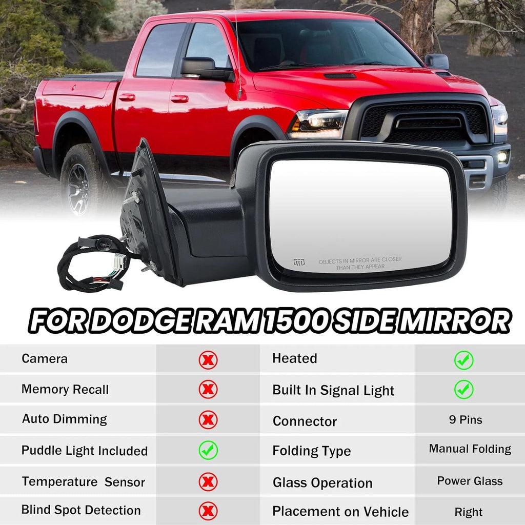 Power Heated Foldable Side Mirrors for Dodge Ram 1500 (2009–2012) + LED Signal + Puddle