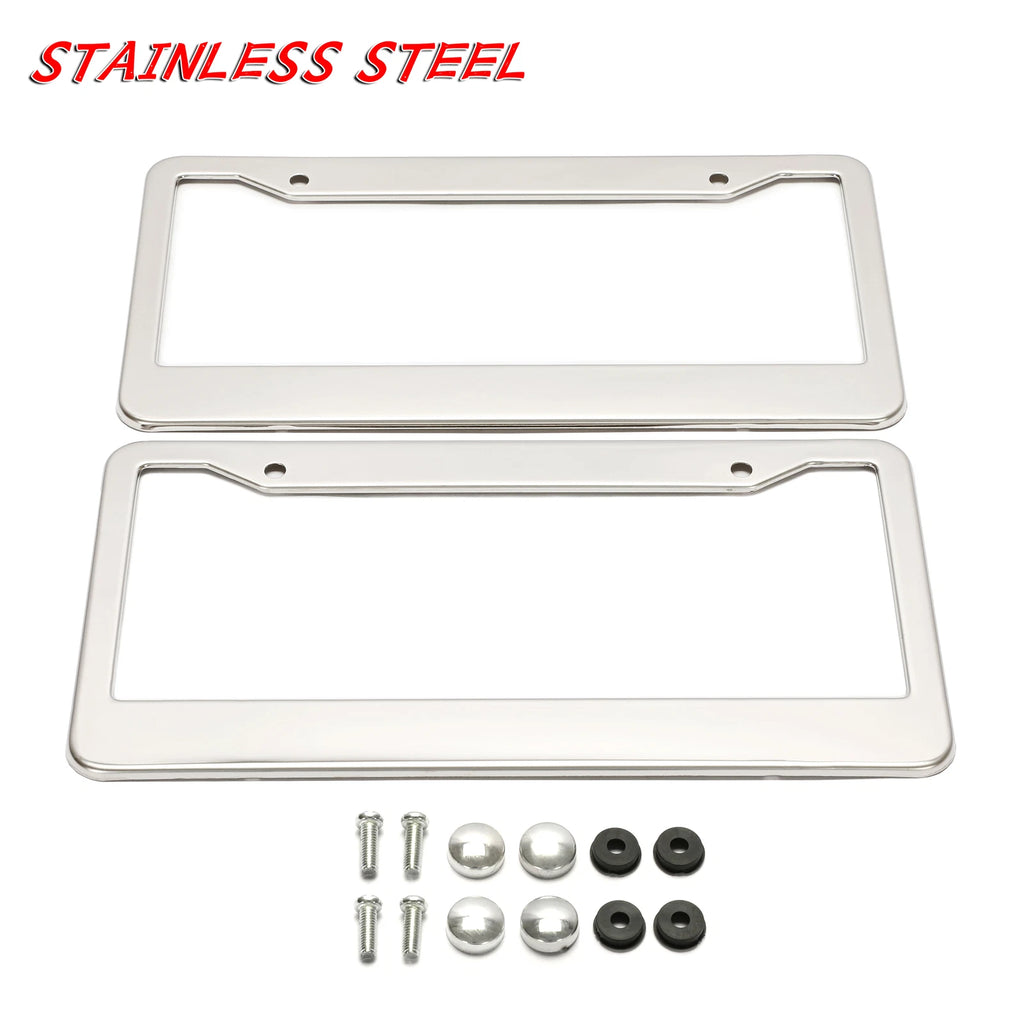 Set of 2 Chrome Stainless Steel License Plate Frames for Vehicles