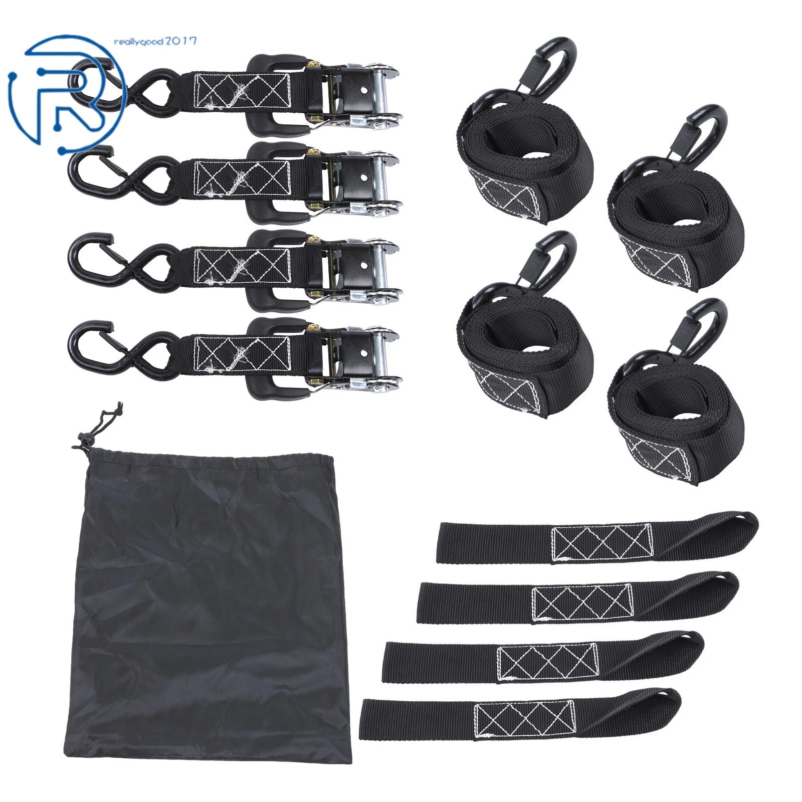 Set of 4 Heavy Duty Ratchet Straps with S Hook for Tie Downs (1.6" x 8')