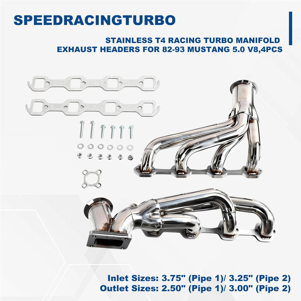 Set of 4 Stainless T4 Racing Turbo Manifold Exhaust Headers for Mustang 5.0 V8 (1982–1993)