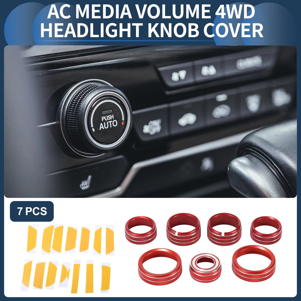 Set of 7 AC Media 4WD Headlight Switch Knob Cover Ring for GMC Canyon (2015–2022) Red