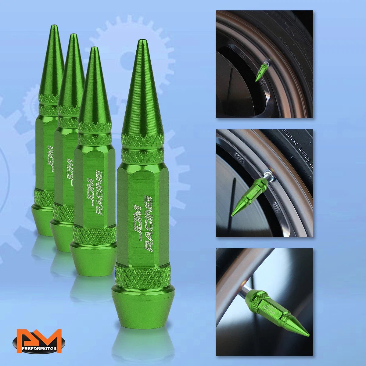 Set of 4 Green Aluminum Spiked Tire Valve Stem Caps for Universal Fit