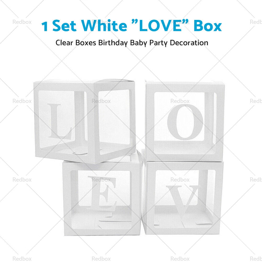 White LOVE Box Cube Clear Balloon Boxes for Birthday Baby Shower Party