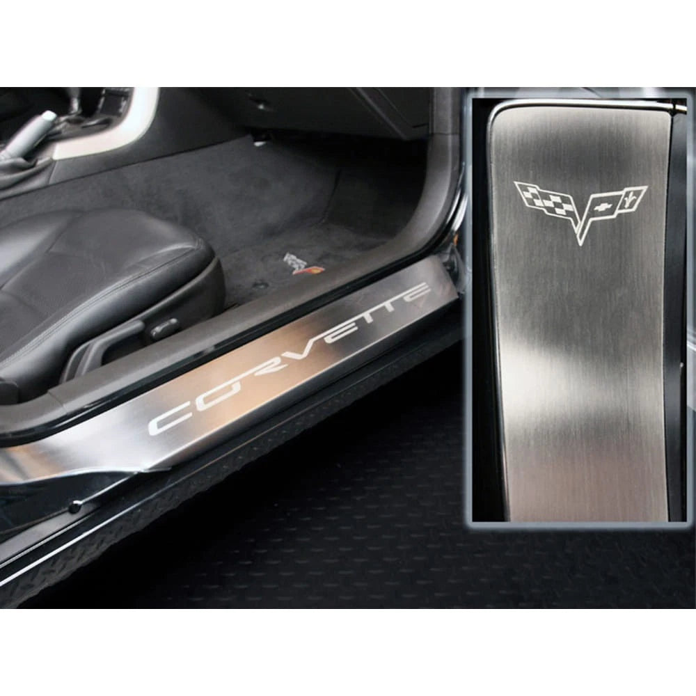 Polished Stainless Door Sill Trim Kit w/Etched Emblem for 2005-13 Chevy Corvette