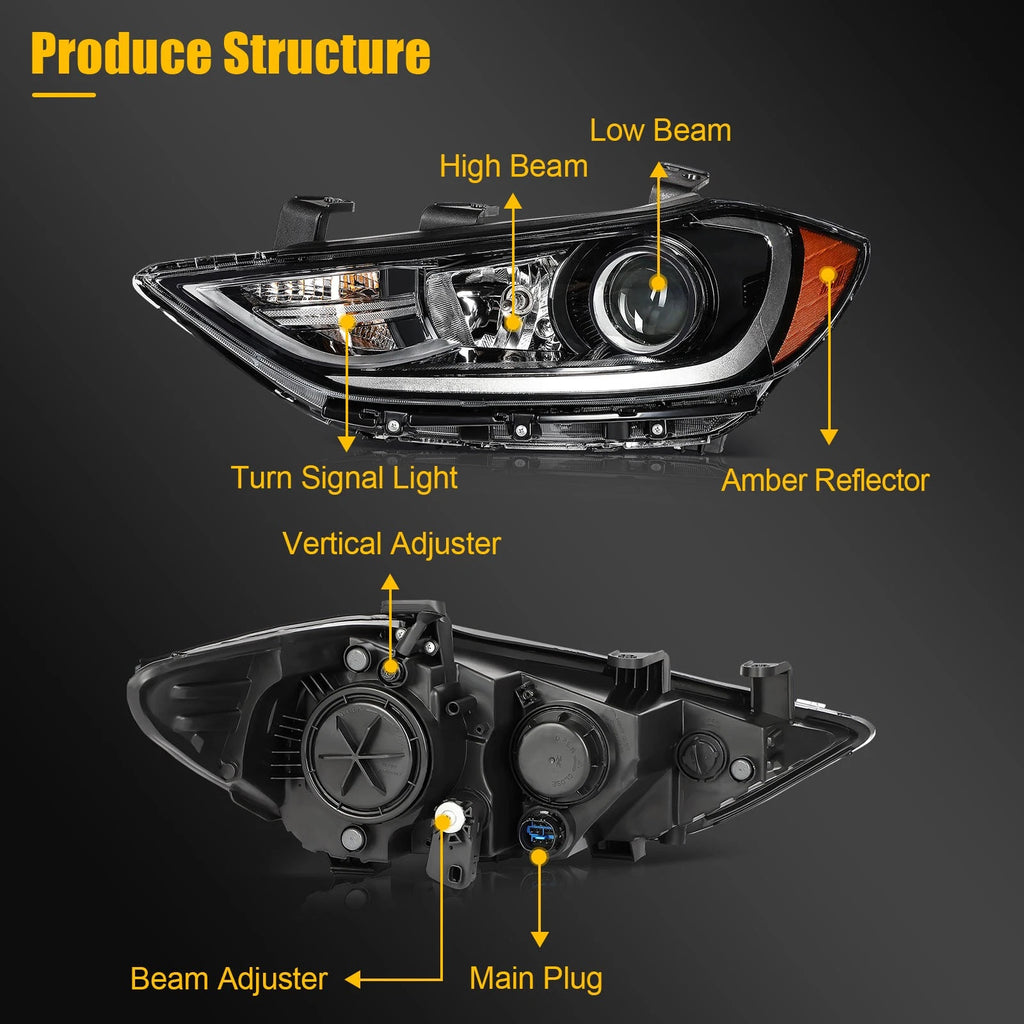 Driver Side Black Headlight Assembly for Hyundai Elantra (2017–2018)