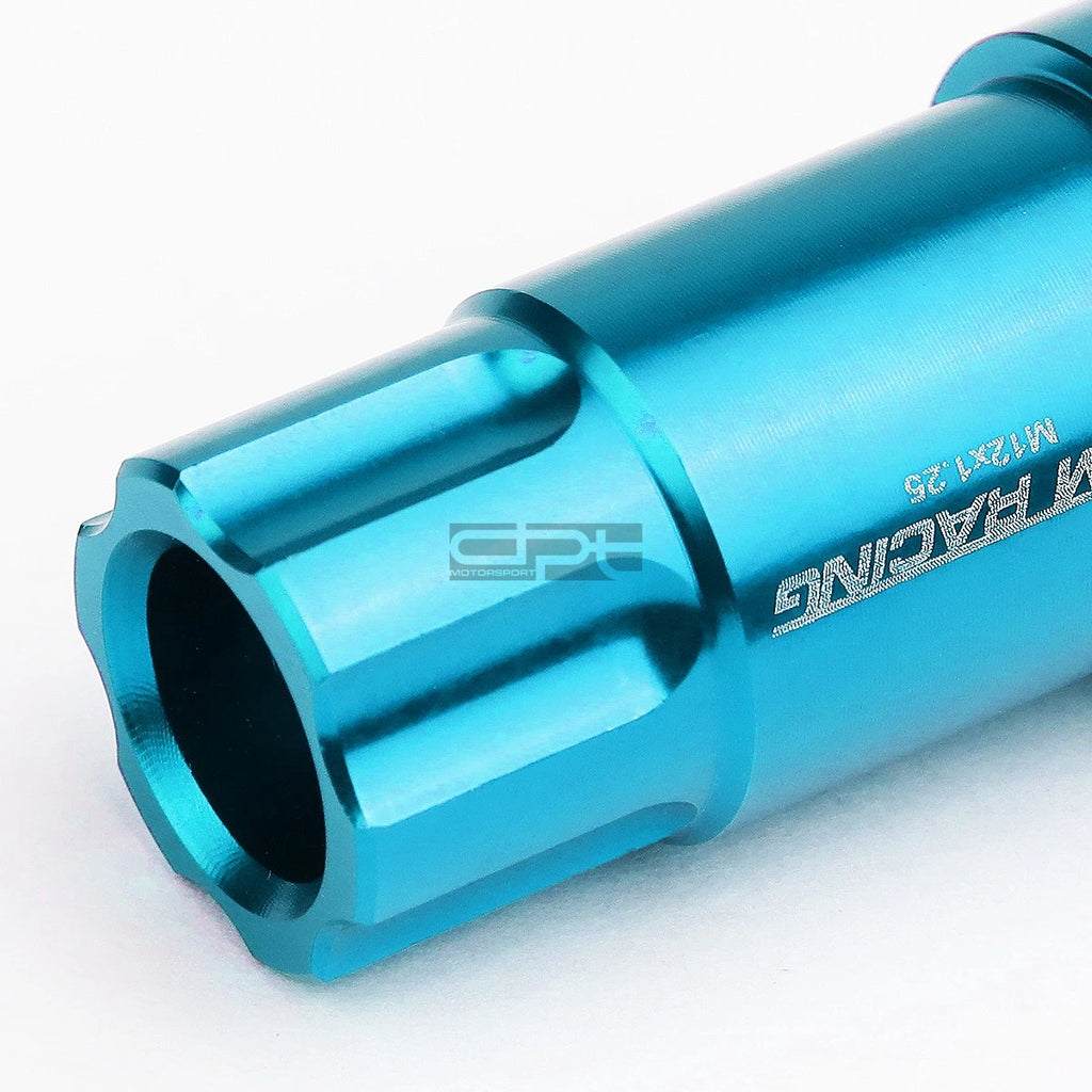 Set of 20 Open End M12x1.25 50mm Tall Sky Blue Aluminum Lug Nuts + Lock Key
