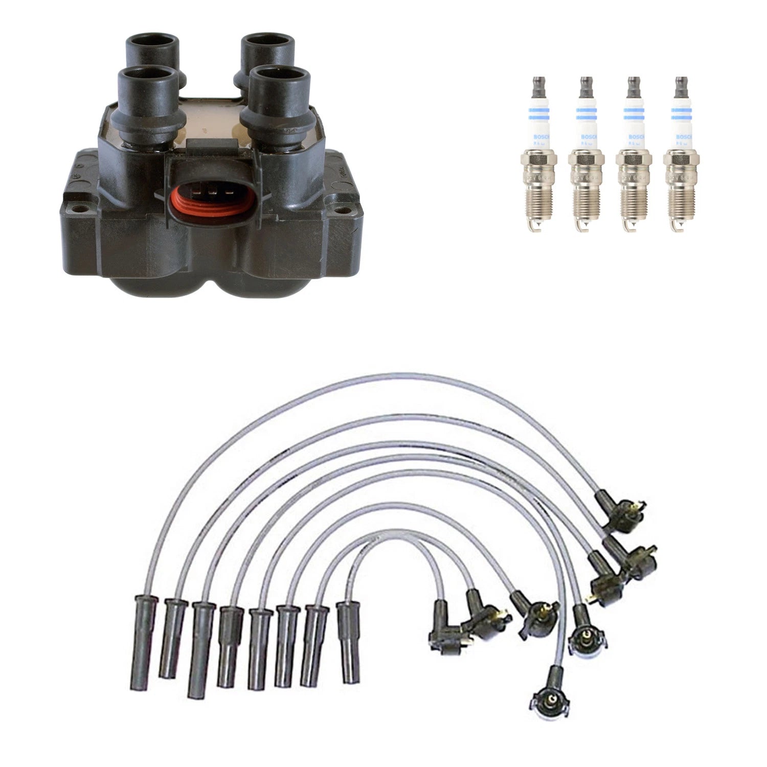 Denso Ignition Coil Wires & 4 Bosch Platinum Spark Plugs for Mustang (2015–2023)
