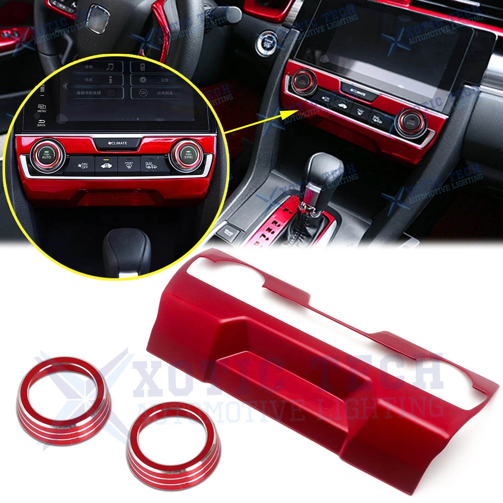 Red A/C Climate Control Frame Cover + Knob Ring Trims for Honda Civic (2016–2020)