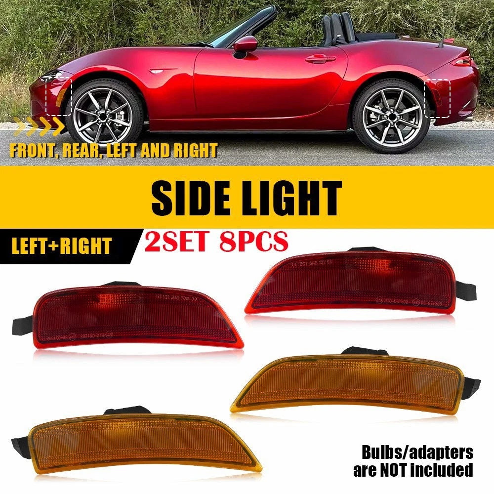 8X Front+Rear Bumper Side Marker Lights Amber Red for Mazda Miata MX-5 (2016–2023)