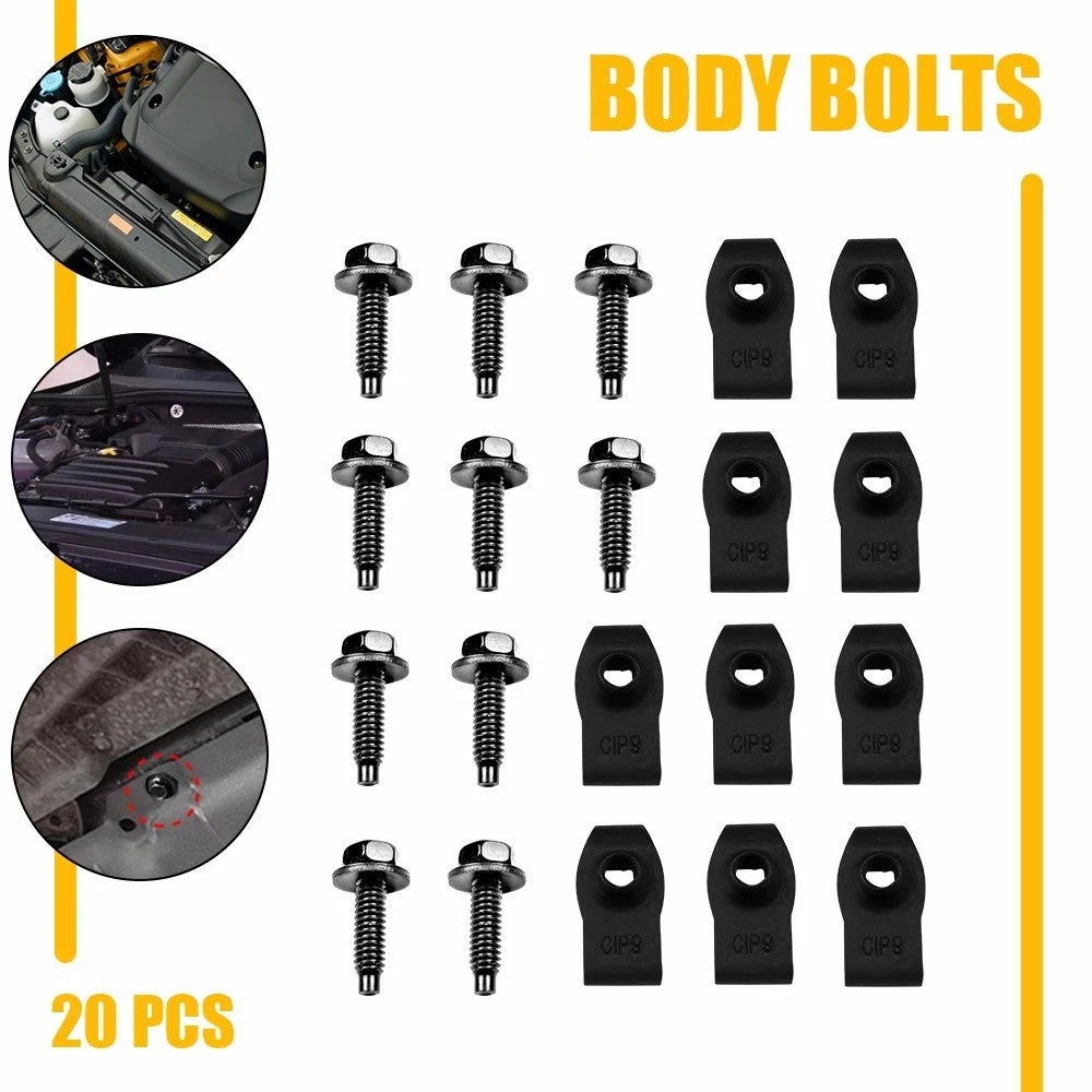 Set of 20 Black Body Bolts & U-nut Clips for Ford Truck (5/16-18 x 1-3/16")