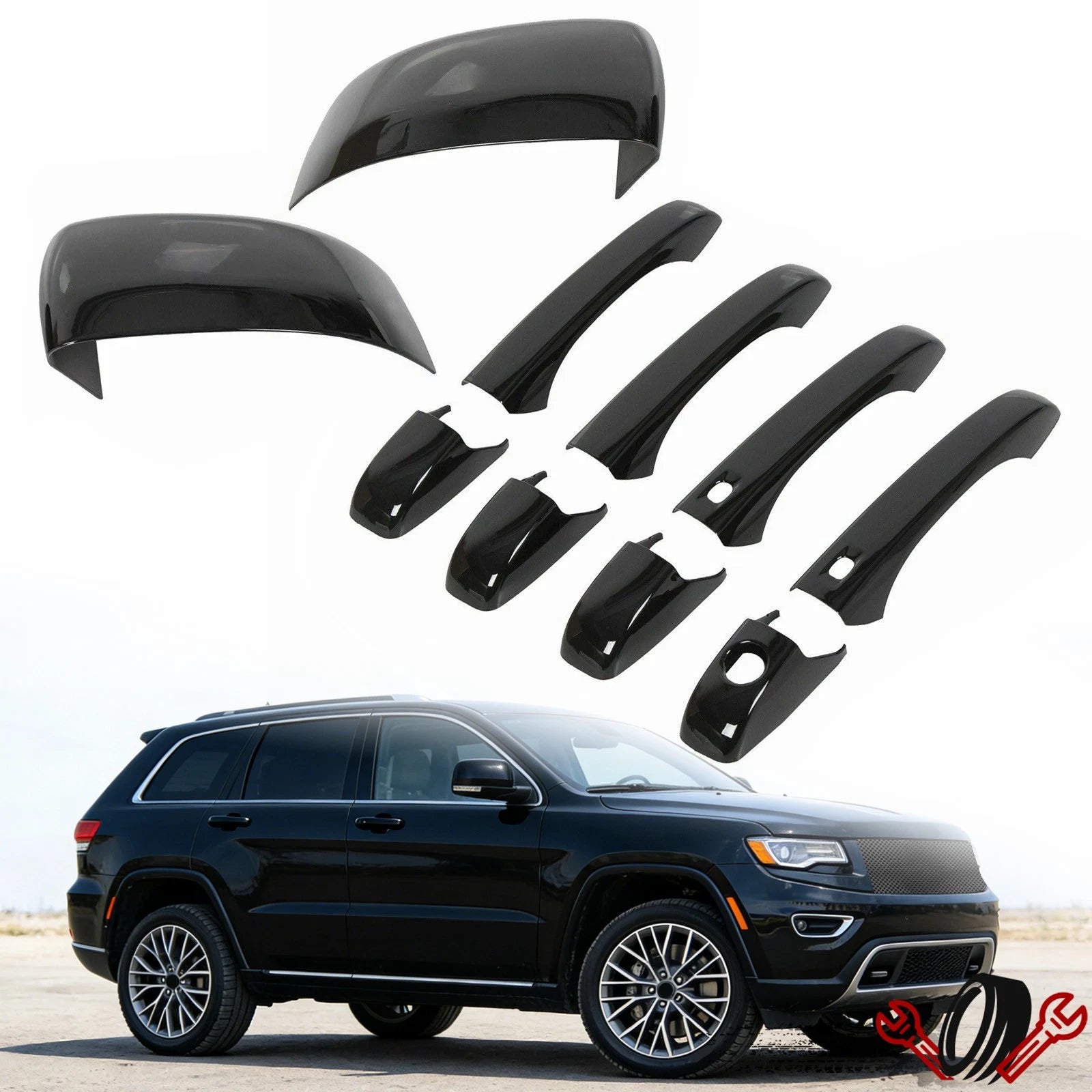 2 Black Mirror Covers + 4 Door Handle Covers for Jeep Grand Cherokee (2011–2021)