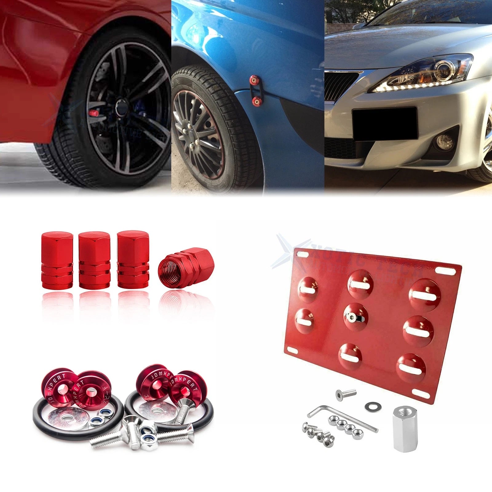 Red Tow Hook License Plate for Lexus IS 2006–2024 + Air Valve Cap