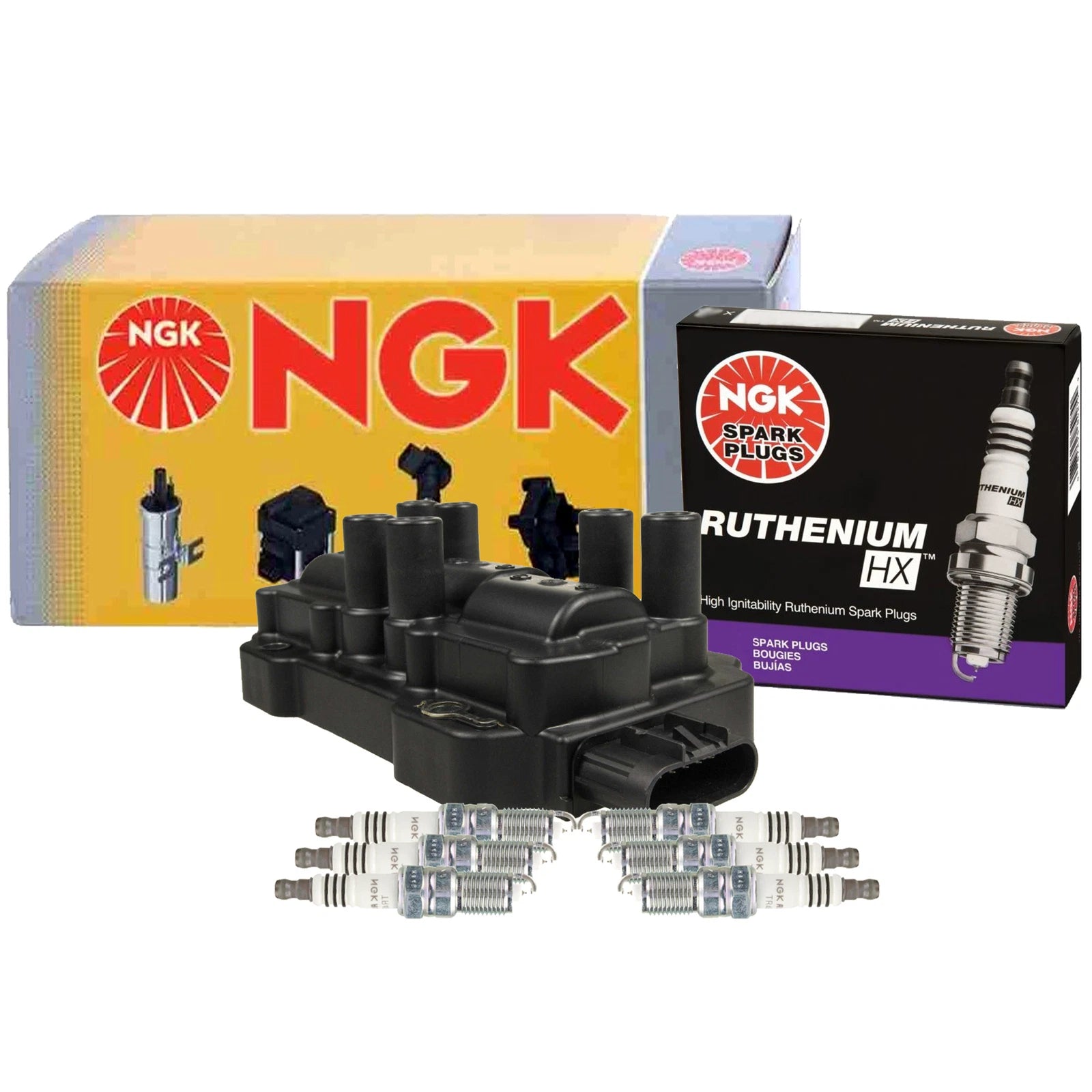NGK DIS Ignition Coil & 6 Ruthenium HX Spark Plugs Kit for Buick Chevy GMC Pontiac