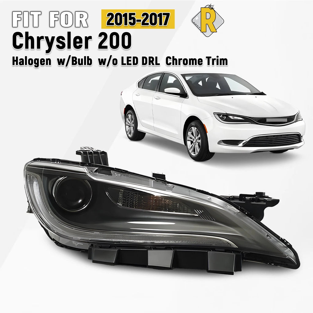 Halogen Headlight for Chrysler 200 (2015–2017) w/o DRL, Chrome Trim, Right
