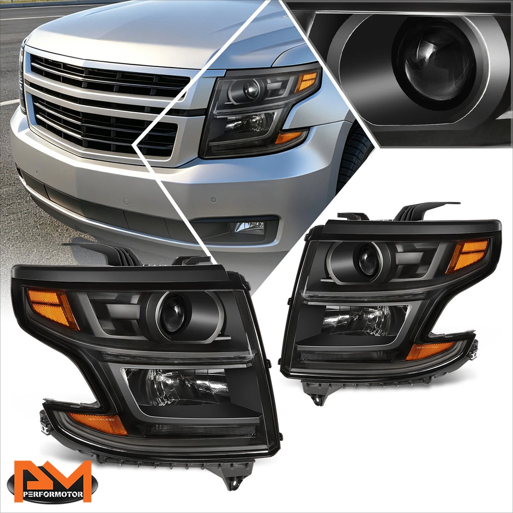 Set of 2 OE Projector Headlights for Chevy Suburban/Tahoe (2015–2020) W/LED DRL Black/Amber