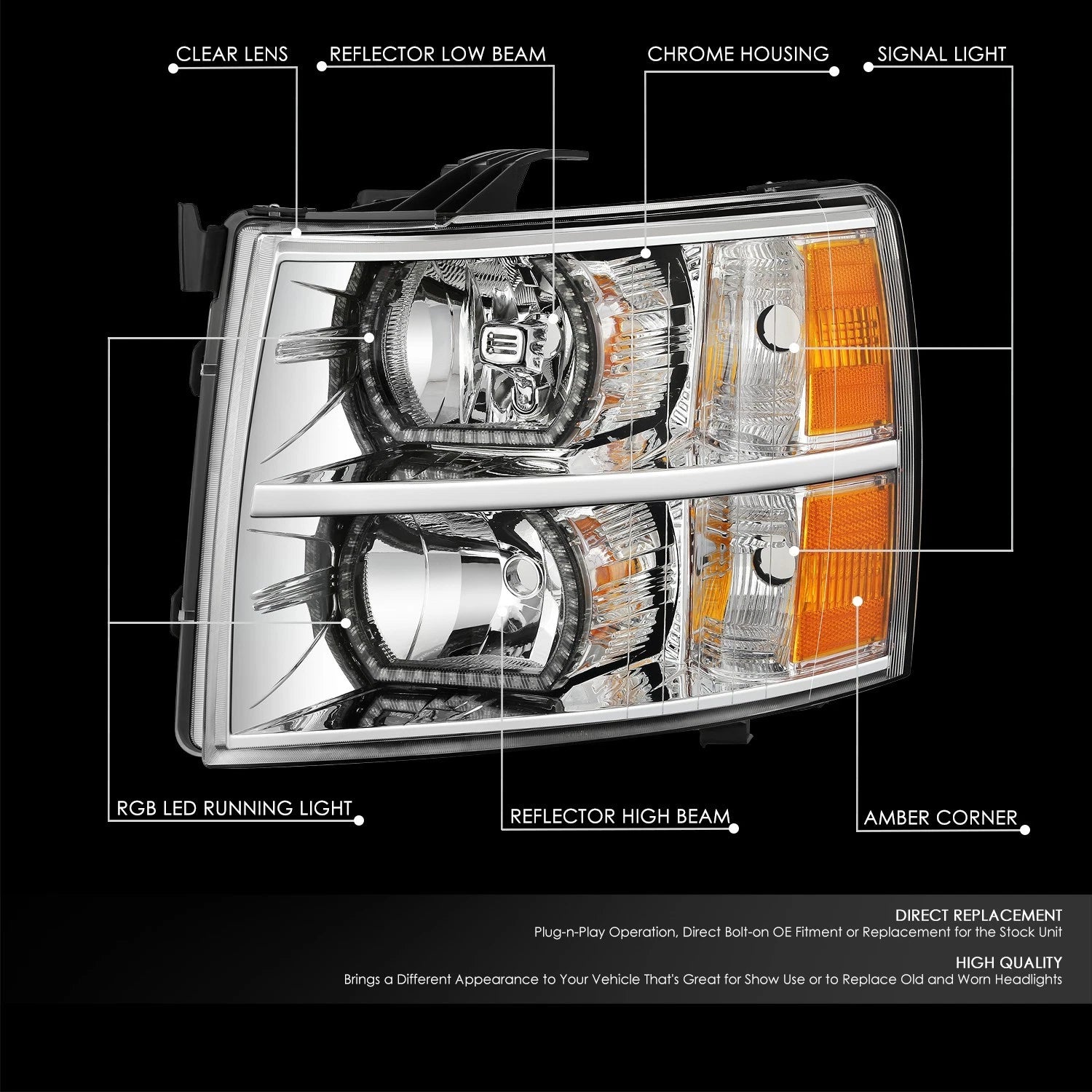 RGB LED Bar Headlight for Silverado 1500-3500 HD (2007–2013) - Chrome, Amber