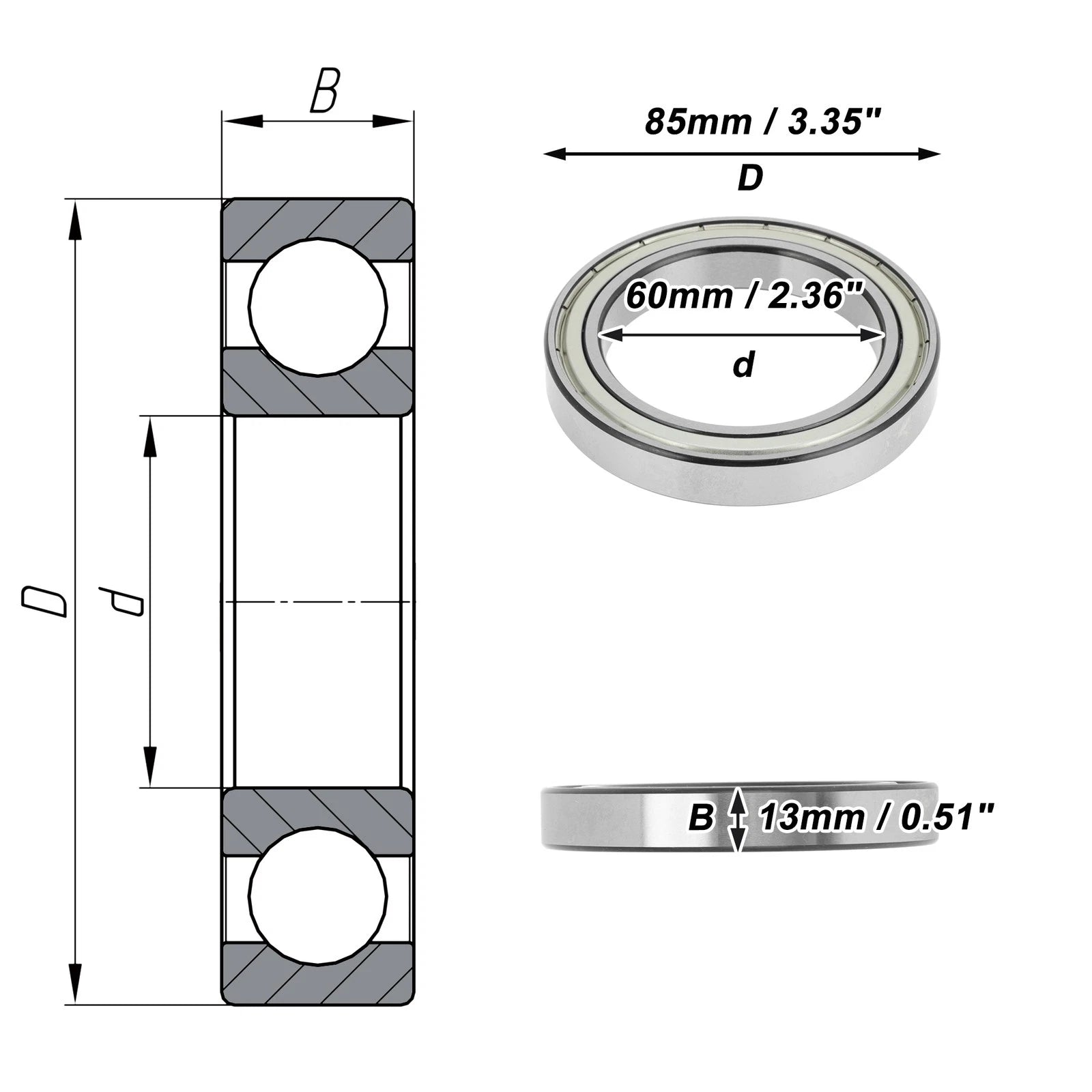 6912ZZ Deep Groove Ball Bearings for Scooter Skateboard Wheel (60x85x13mm)