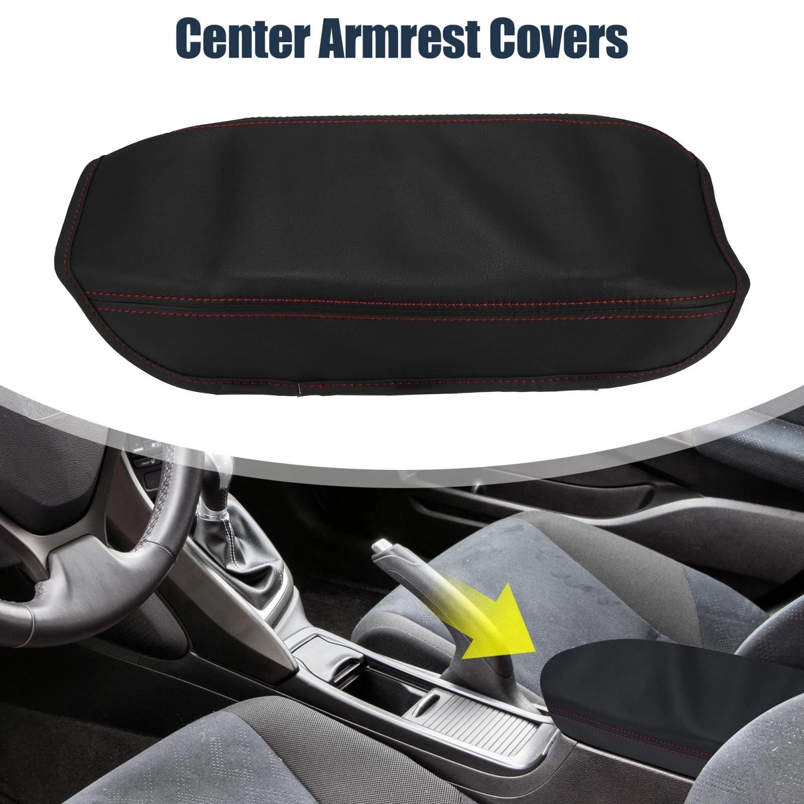 Armrest Protector Cover for Honda (Black Microfiber Leather, Red Stitches)