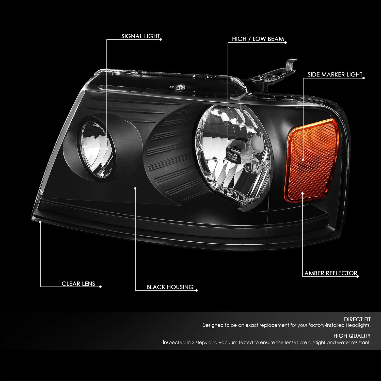 Factory Style Headlights for Ford F-150 Lincoln Mark LT (2004–2008) Black/Amber