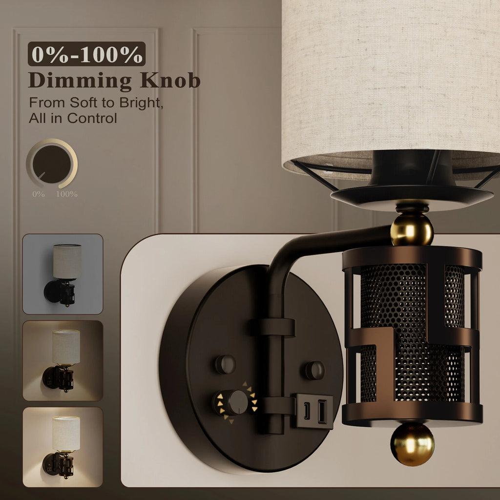 Dimmable Wall Sconce for HYMELA Vintage Bedside Lamp (Charge Port, Bronze)