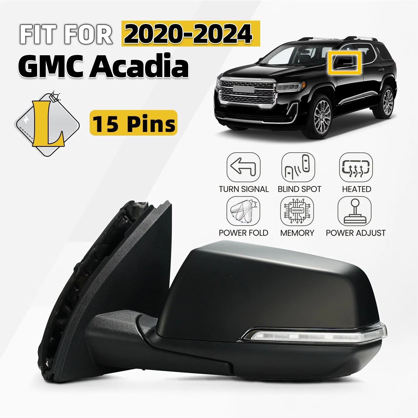 Side Mirror for GMC Acadia (2020–2024) Left Driver 15 Pins Heated Blind Spot