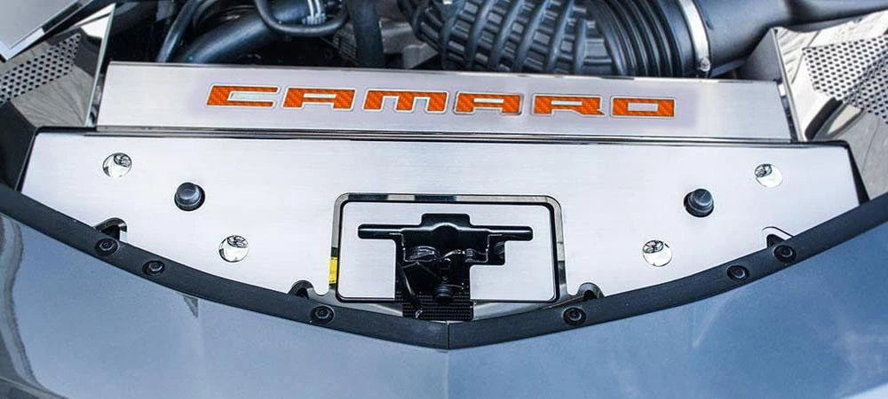 Brushed Front Header Plate with Orange C Fiber Vinyl for 2016–2020 Camaro