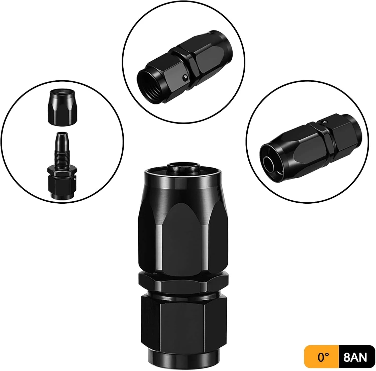 AN8 Straight Swivel Hose End Fitting for Fuel Lines - Black Aluminum Seal