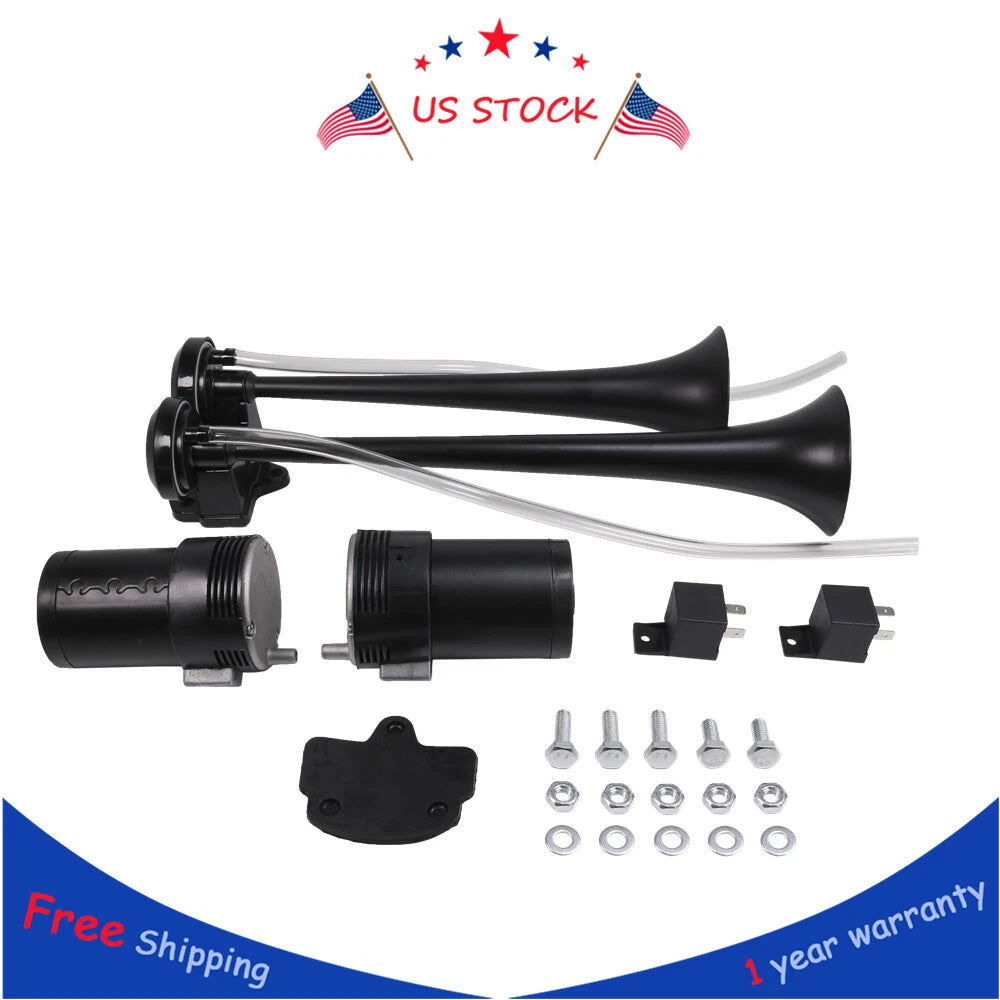Dual Trumpet Train Horn Air System Kit for RV Car Truck Van Boat (12V)