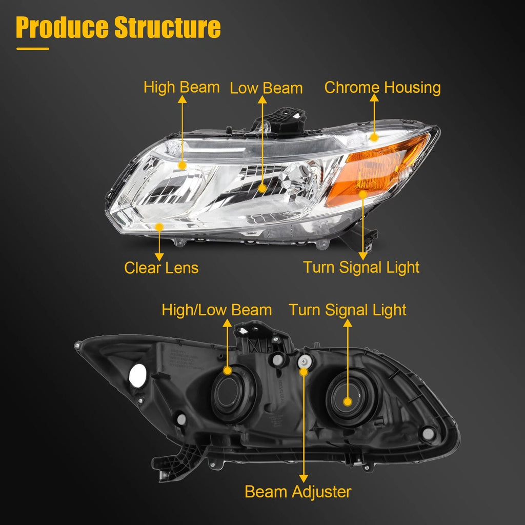 Chrome Headlight Assembly Pair for Honda Civic 4-Door Sedan (2012–2015)