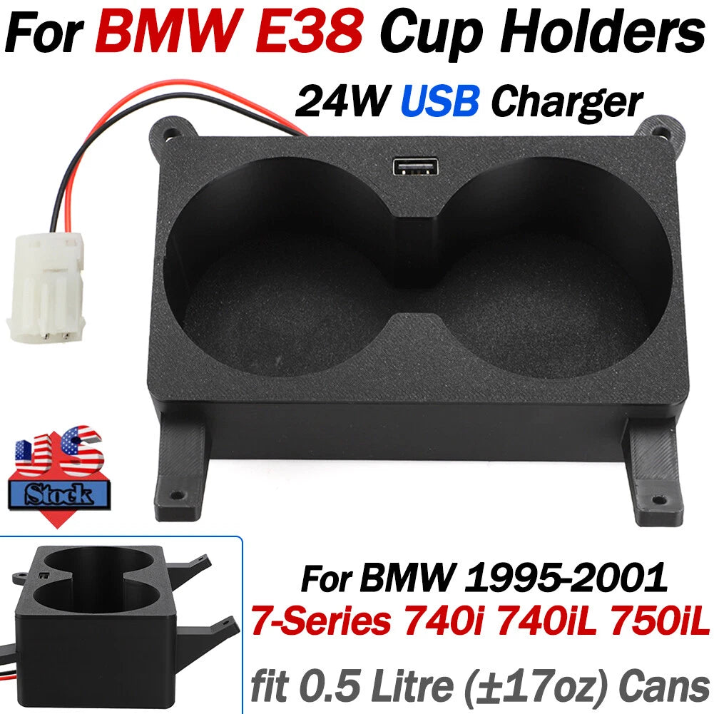 Center Console Dual Cup Holders Insert with 24W USB Charger for BMW E38 7-Series (1995–2001)