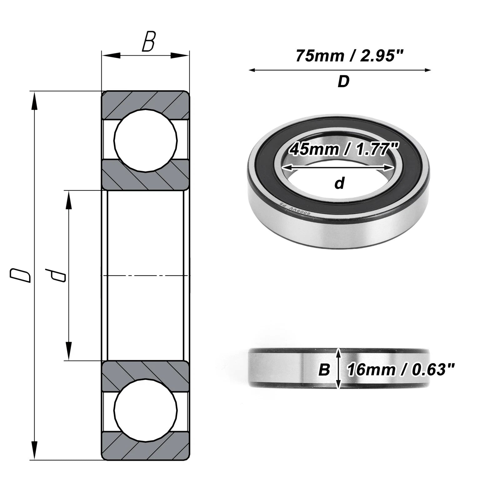 Deep Groove Ball Bearing 45x75x16mm for Scooter Skateboard (6009VV)