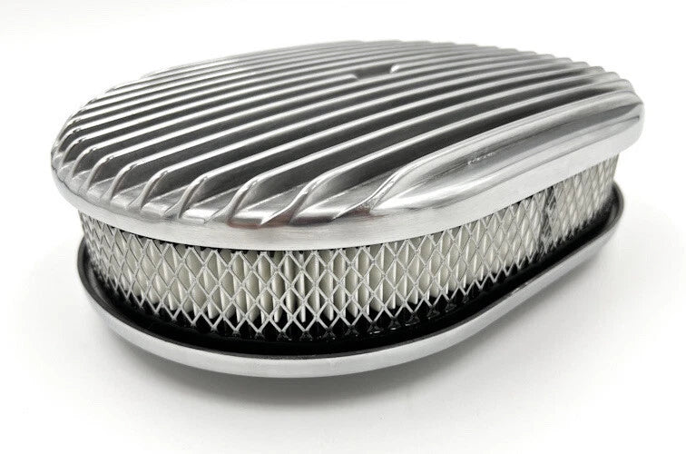 Air Cleaner Assembly Fully Polished Oval Aluminum Finned for Holley Carb (5-1/8")