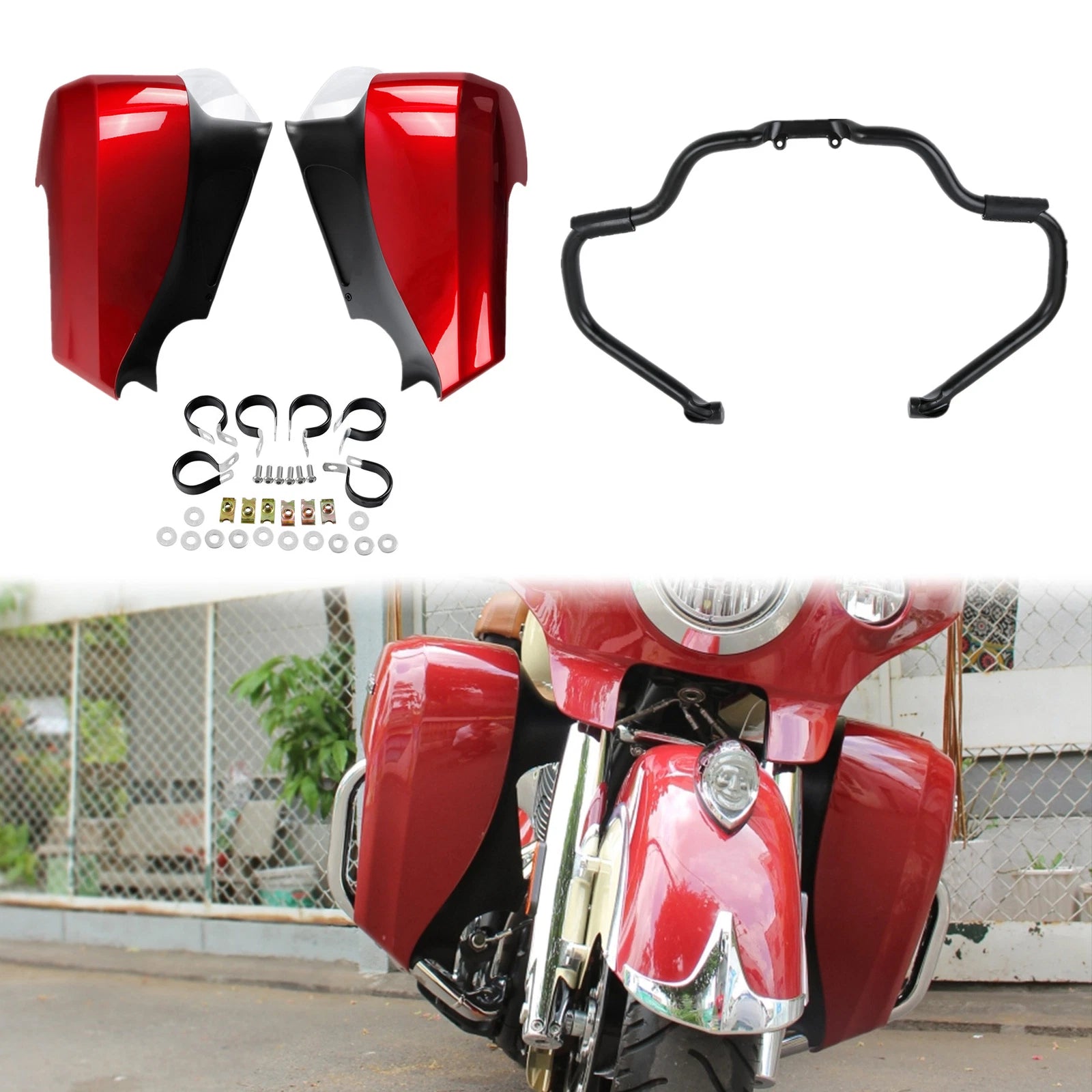 Engine Guard Bar & Red Lower Vented Fairings for Indian Chieftain Classic (2018–2019)