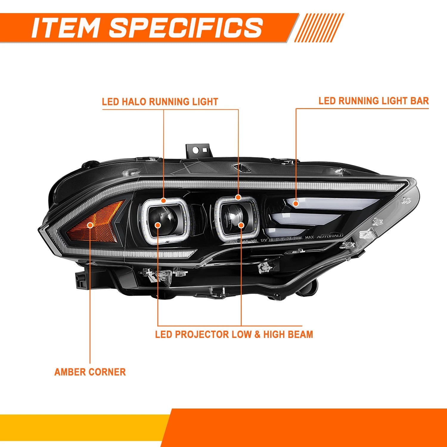 Full LED 3D Light Bar Dual Projector Black Headlights for Ford Mustang (2018–2023)
