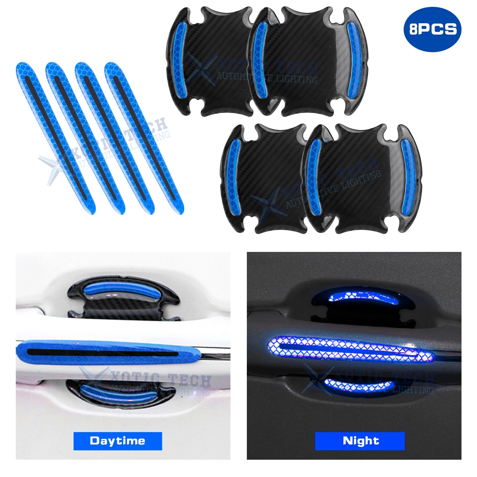 8x 3D Blue Carbon Fiber Door Handle Reflective Strip Guard for (---)