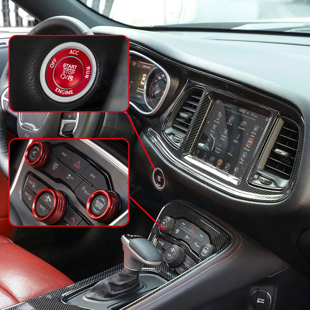 Red Power Ignition Switch Button AC Volume Knob Cover for Dodge Challenger (2015-2024)