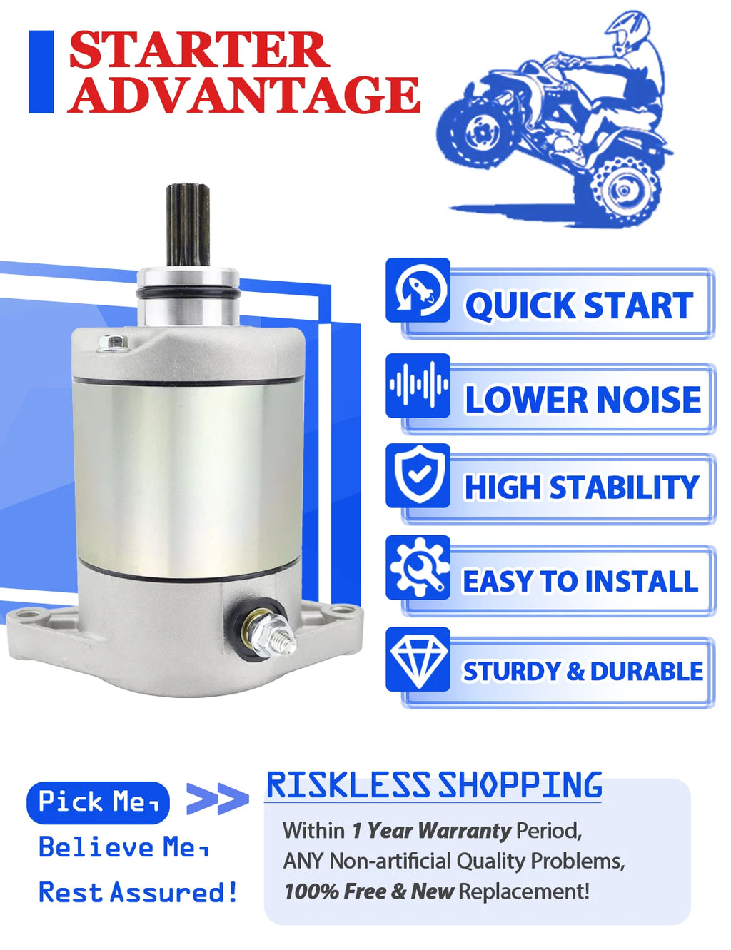 Starter for Arctic Cat 400 ACT (2004–2005) with Relay & Ignition Key Switch