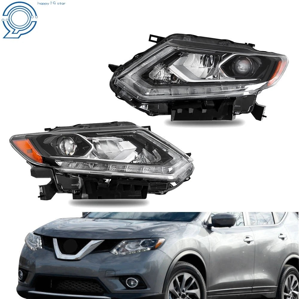 Headlight Set for Nissan Rogue (2014–2016) Right + Left Chrome LED Clear Lens