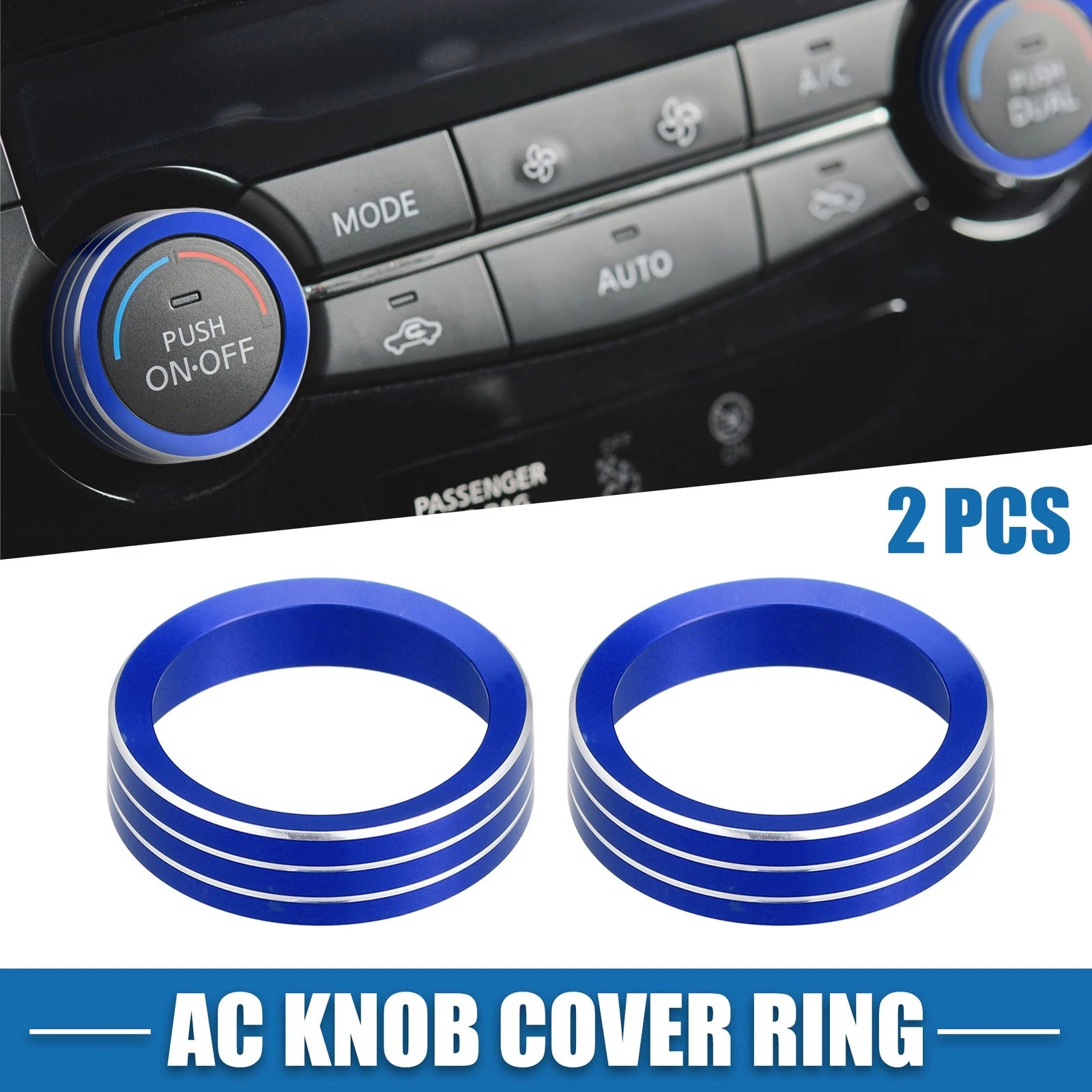2X AC Knob Ring Covers for Nissan Rogue (2014–2020) Blue