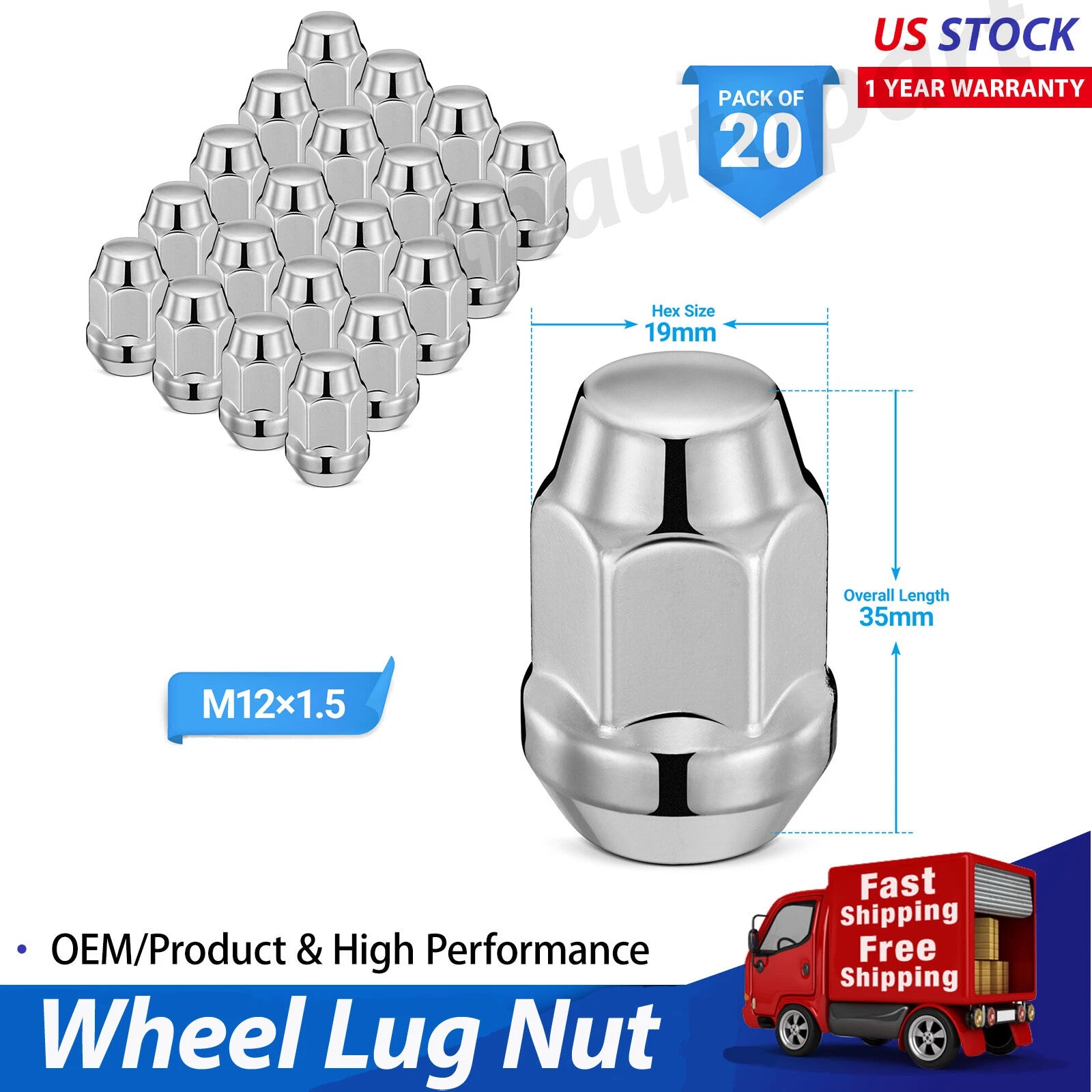 20 Pc Lug Nut M12x1.5 Chrome for Chevrolet (1999–2019)