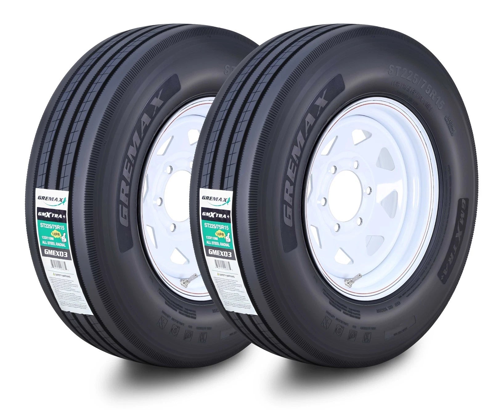 2 GREMAX ST225/75R15 14Ply Trailer Tires 6x5.5 White Spoke