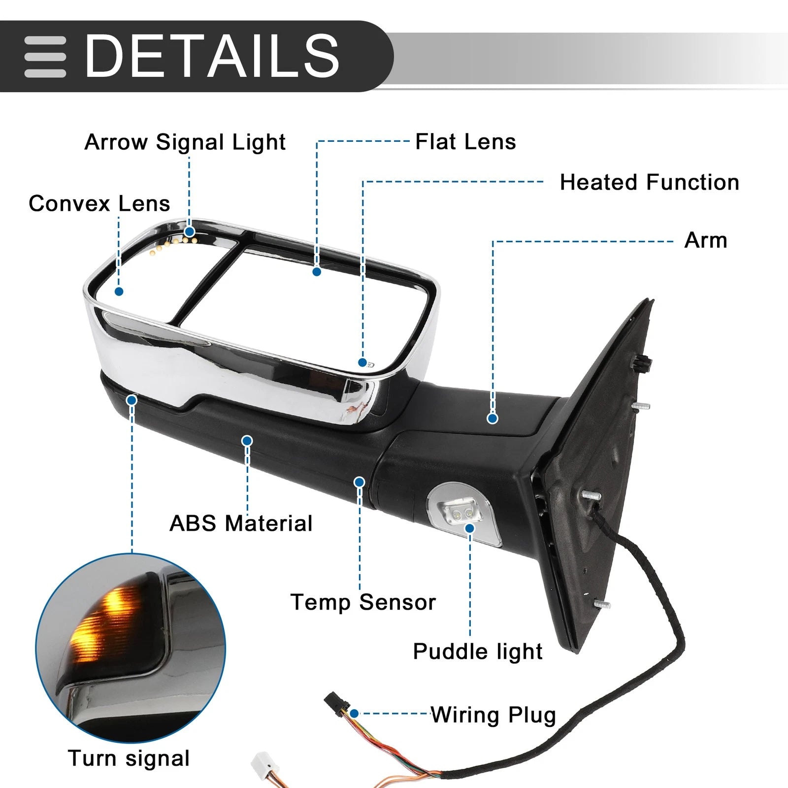 Tow Mirrors for Dodge Ram 1500 2500 (2009–2018) with Lights, Silver Tone, 1 Pair