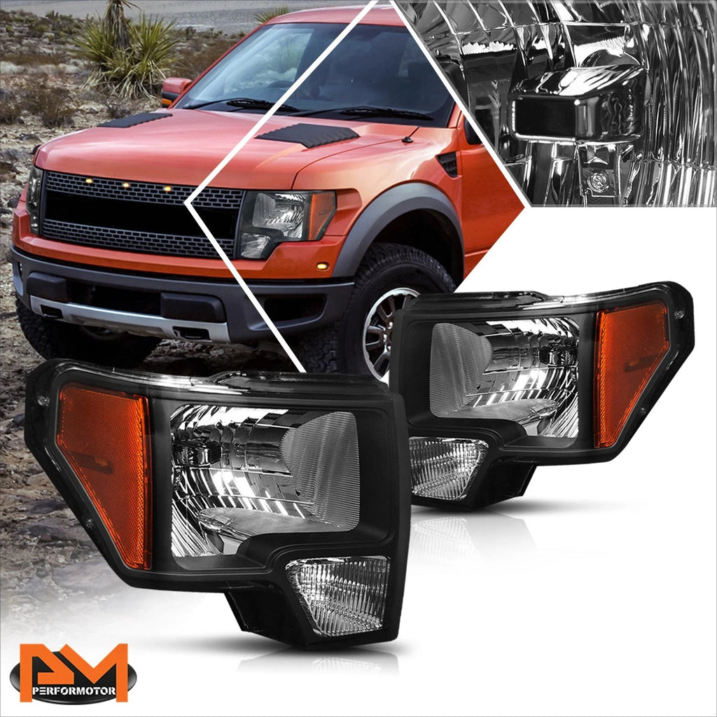Headlight Pair for Ford F150 (2009–2014) Black Housing Amber Side Corner Lamps