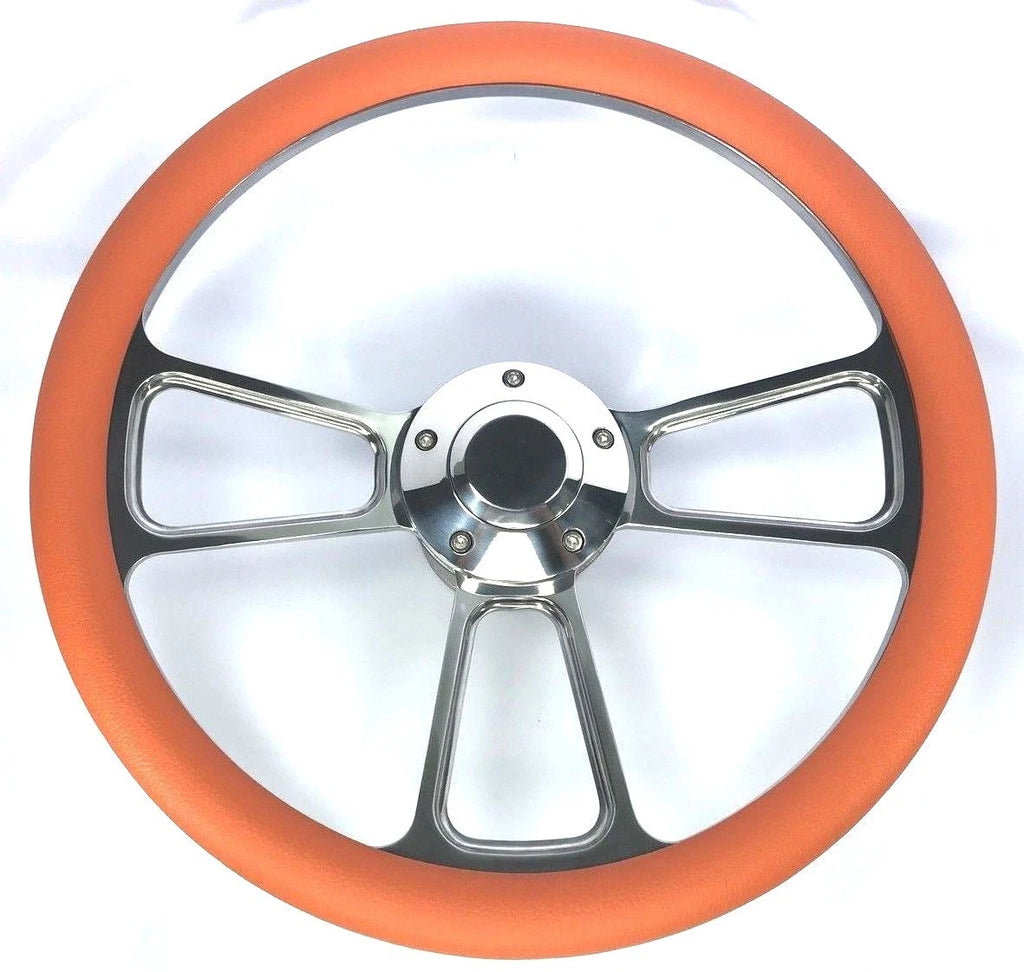 14" Polished 5 Hole Billet Steering Wheel for Universal Fit Orange Half Wrap (—)