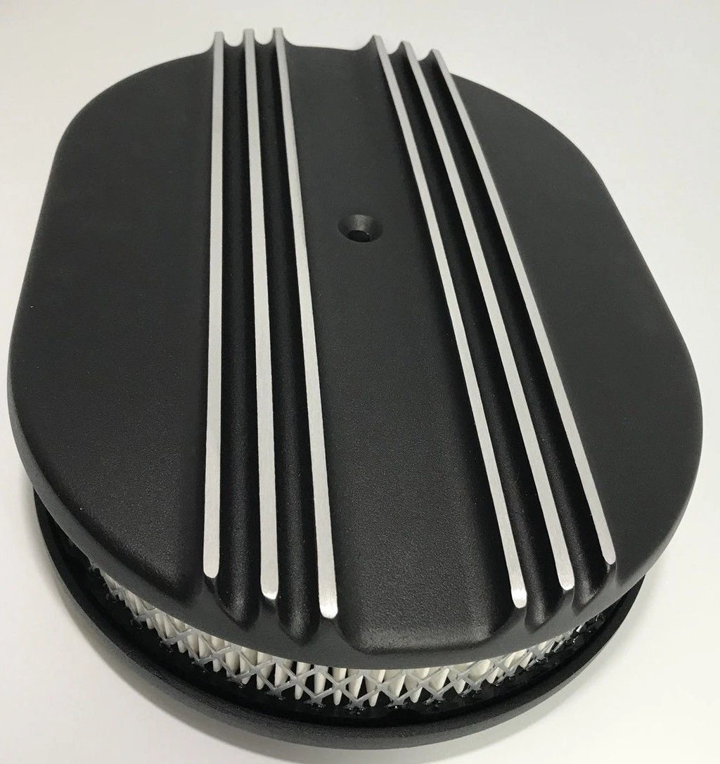 12 Inch Oval Air Cleaner Half Finned for Classic Chevy Ford (Black Aluminum)