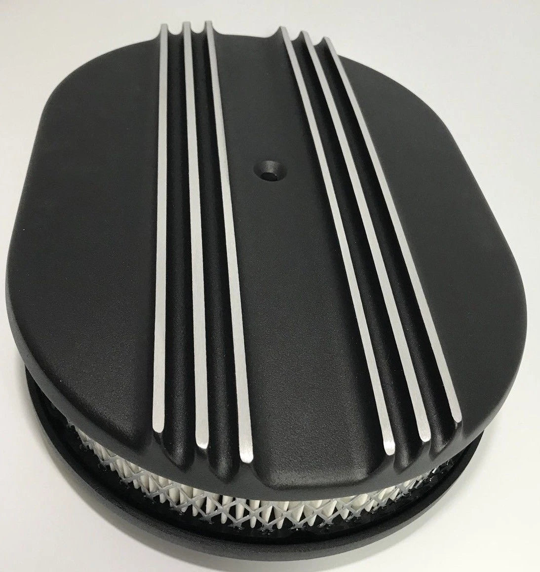 12 Inch Oval Air Cleaner Half Finned for Classic Chevy Ford (Black Aluminum)