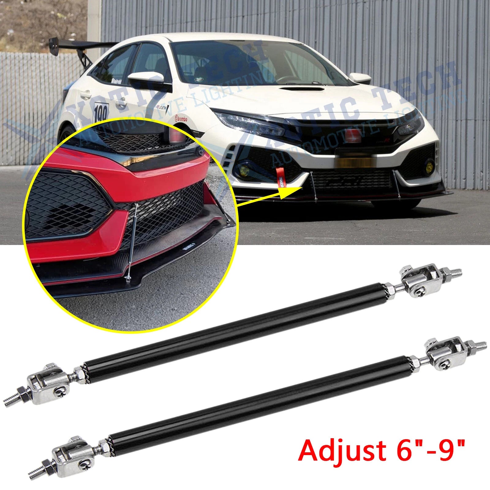 For Honda Civic (2016–2021) Adjust Black 6"-9" Strut Rod Front Bumper Lip