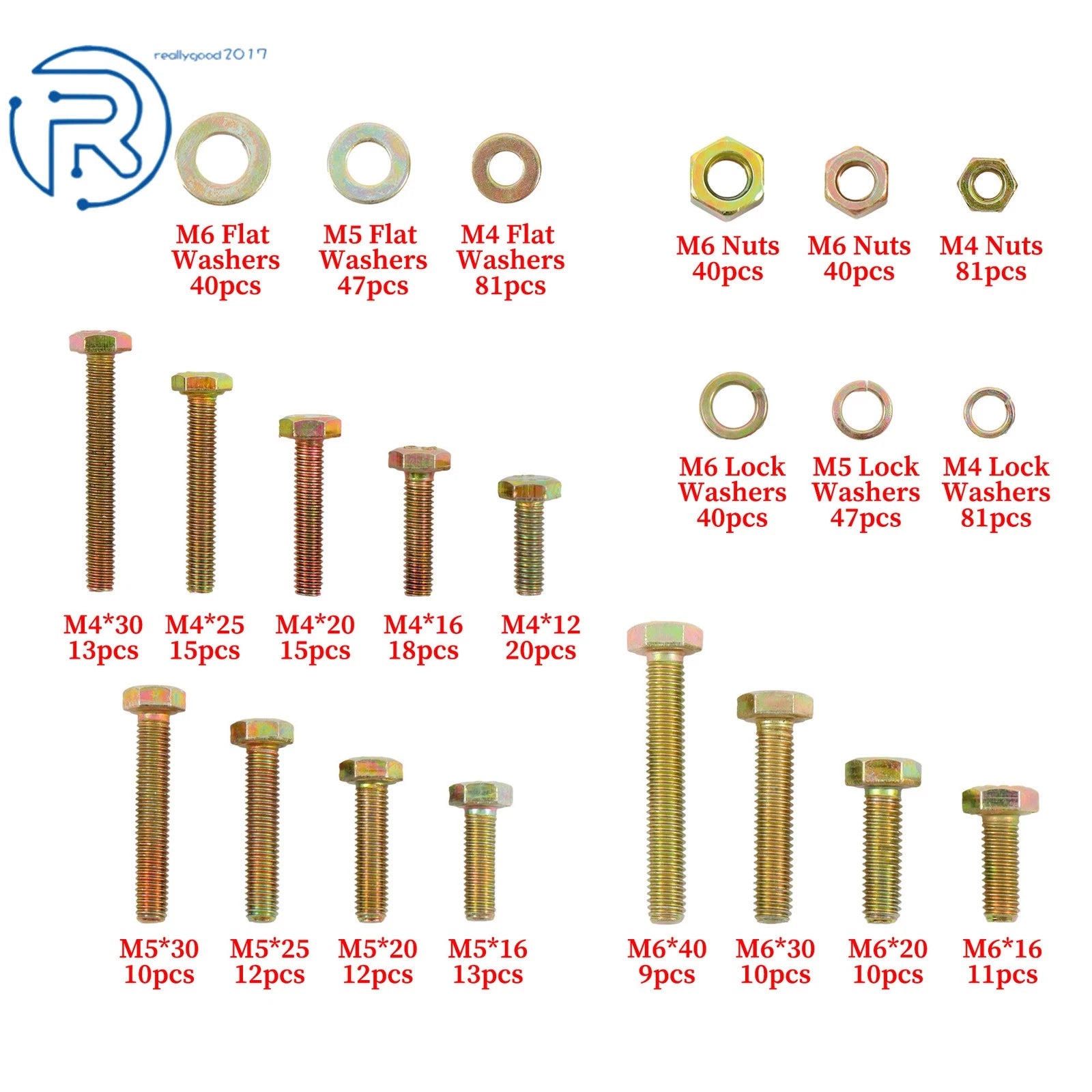 Set of 672 Flat Nuts and Bolts with Lock Washers for M4 M5 M6