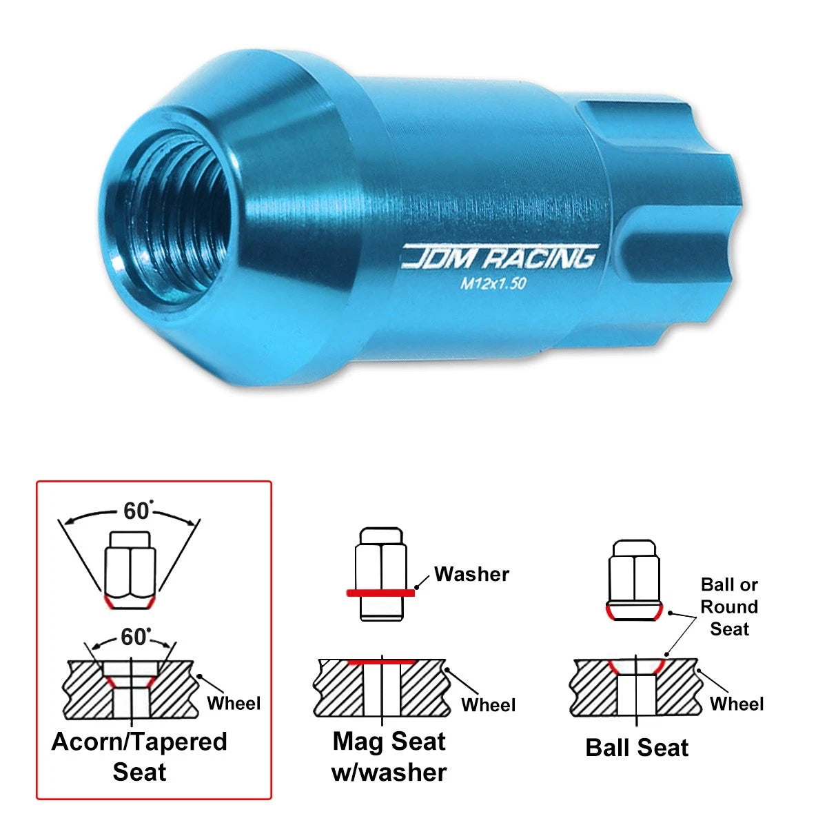 20Pc M12X1.5 Sky Blue JDM Open End Aluminum Spline Wheel Lug Nuts + Key
