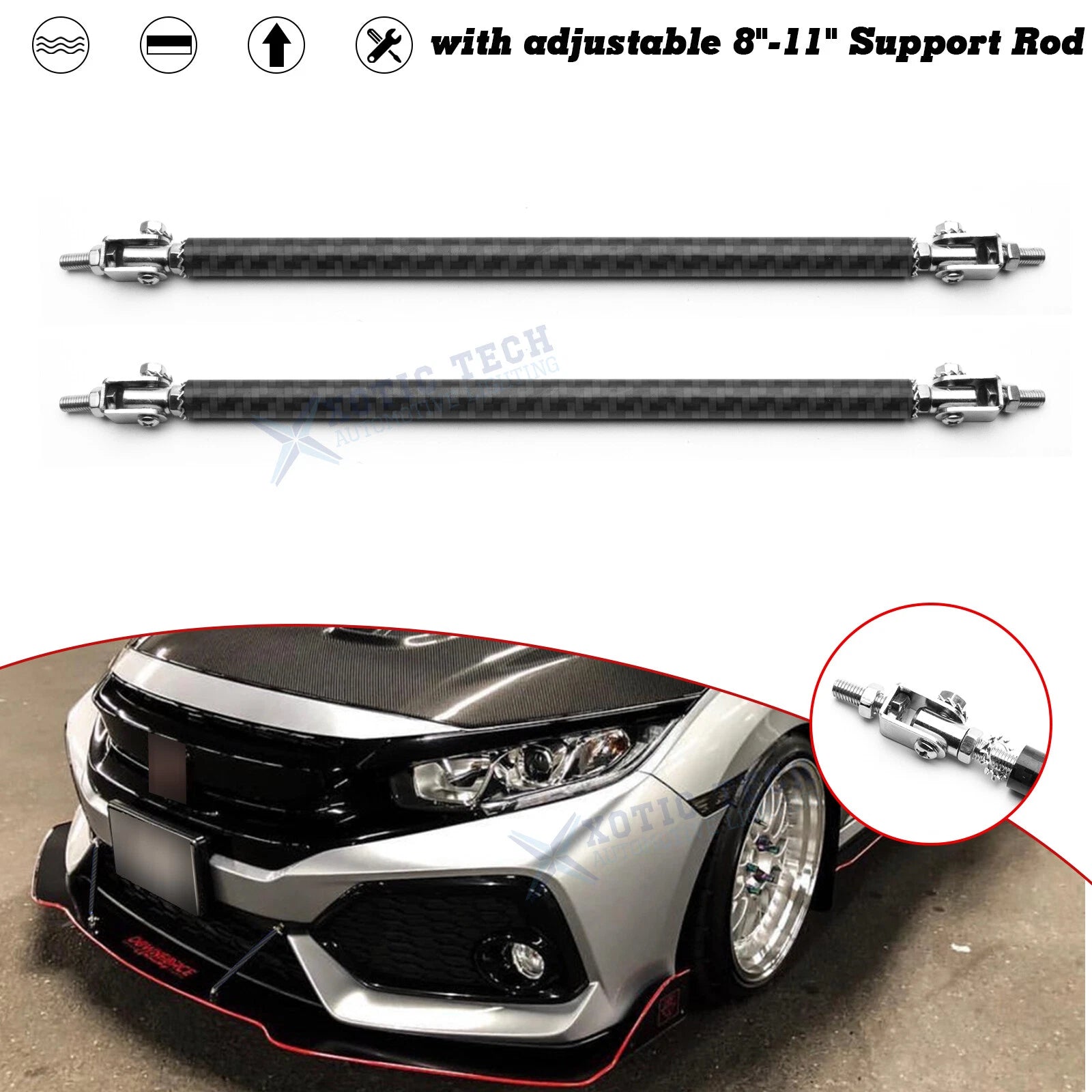 Carbon Style Strut Rod Front Diffuser Splitter for Honda Accord Civic (2018–2022)